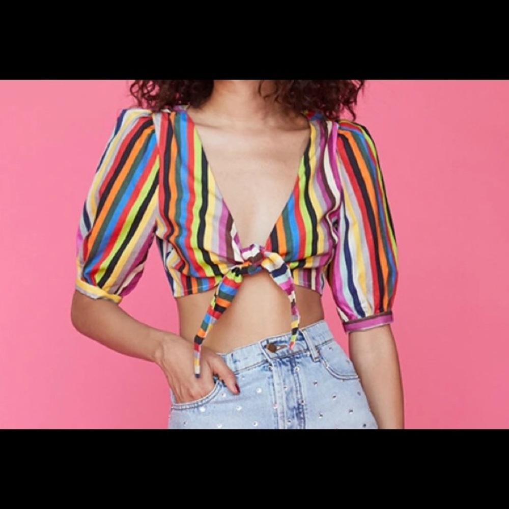 LPA Tie Front Top in Rainbow Stripe